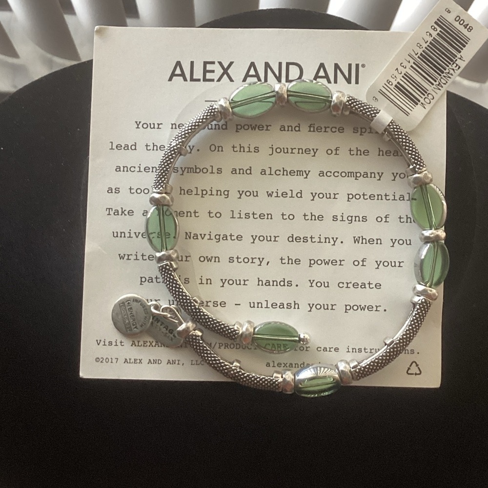 Alex and Ani Silver-Tone Bracelet with Green Glass Ovals